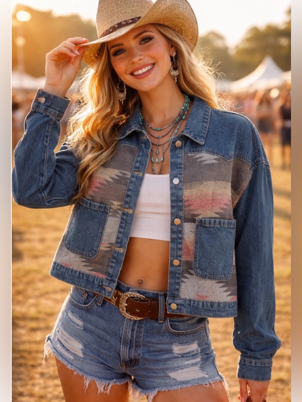Miss Sparkling Cropped Western Aztec Southwest Cowgirl Jean Jacket Size XL
